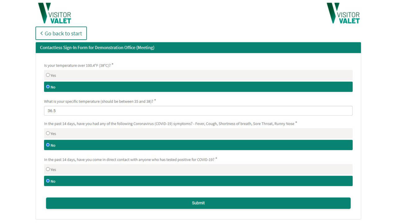 VisitorValet Medical Questions Screenshot